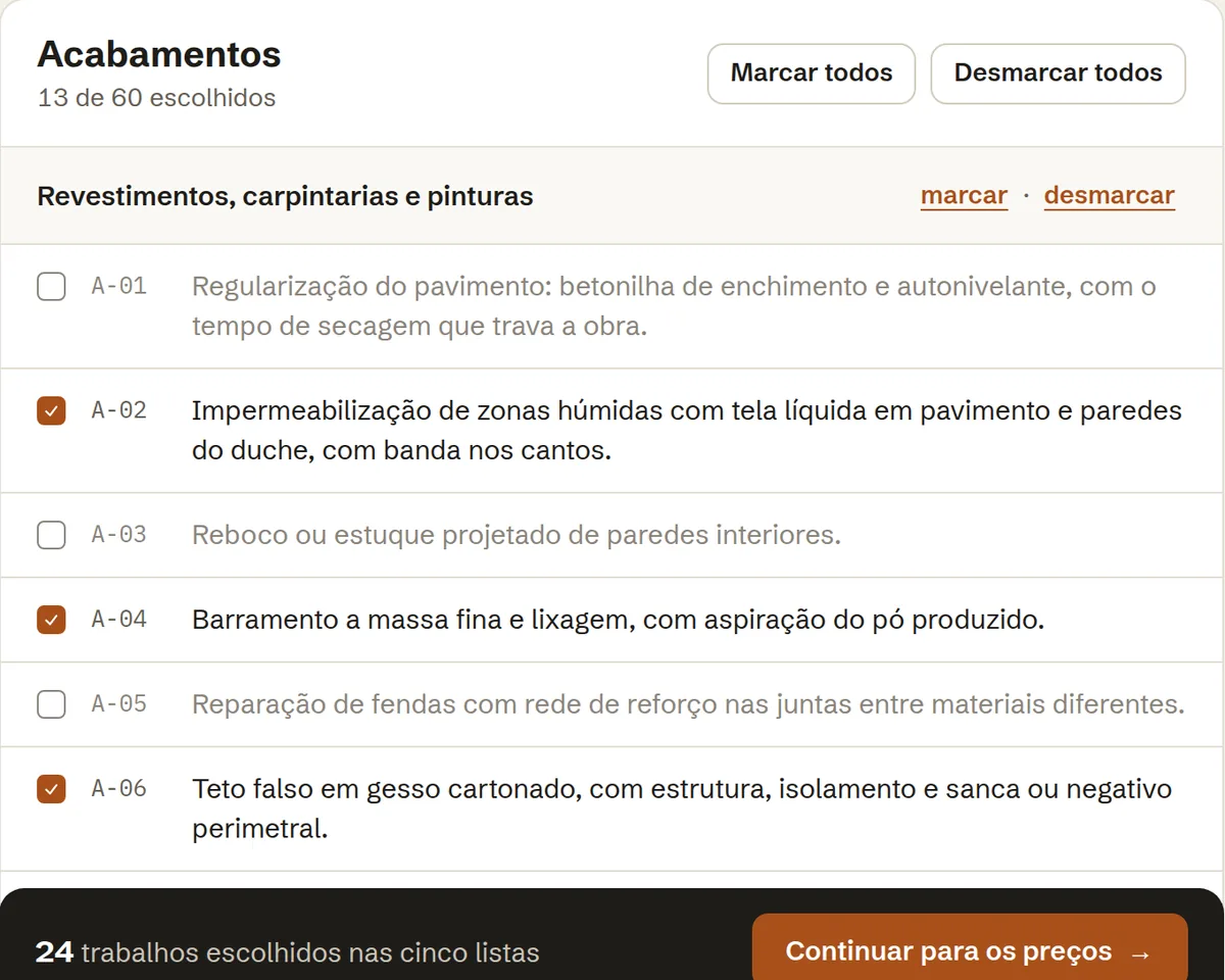 O passo Trabalhos da Zirma: as linhas da lista de acabamentos, marcadas e desmarcadas.