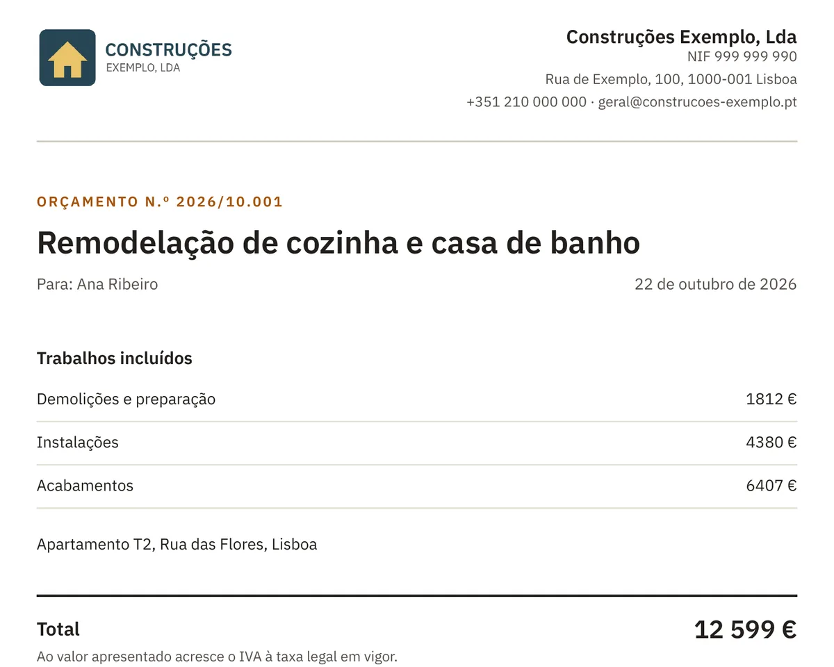 O orçamento impresso pela Zirma: os trabalhos da obra, o total e as condições, com o logótipo da empresa.